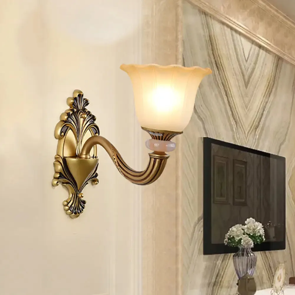 Traditional Flower-Shape Opal Glass Wall Sconce Light Fixture in Brass