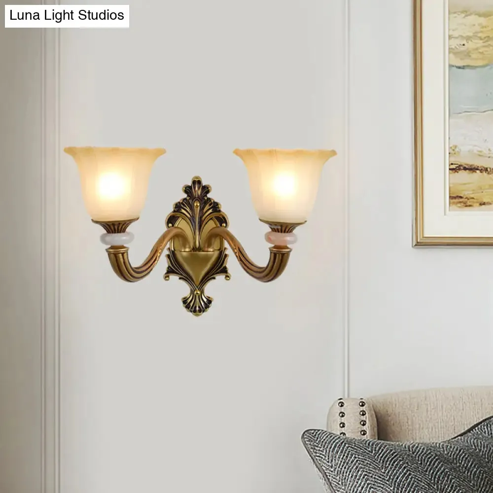 Traditional Flower-Shape Opal Glass Wall Sconce Light Fixture in Brass