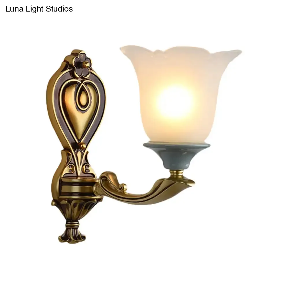 Traditional Flower-Shape Opal Glass Wall Sconce Light Fixture in Brass