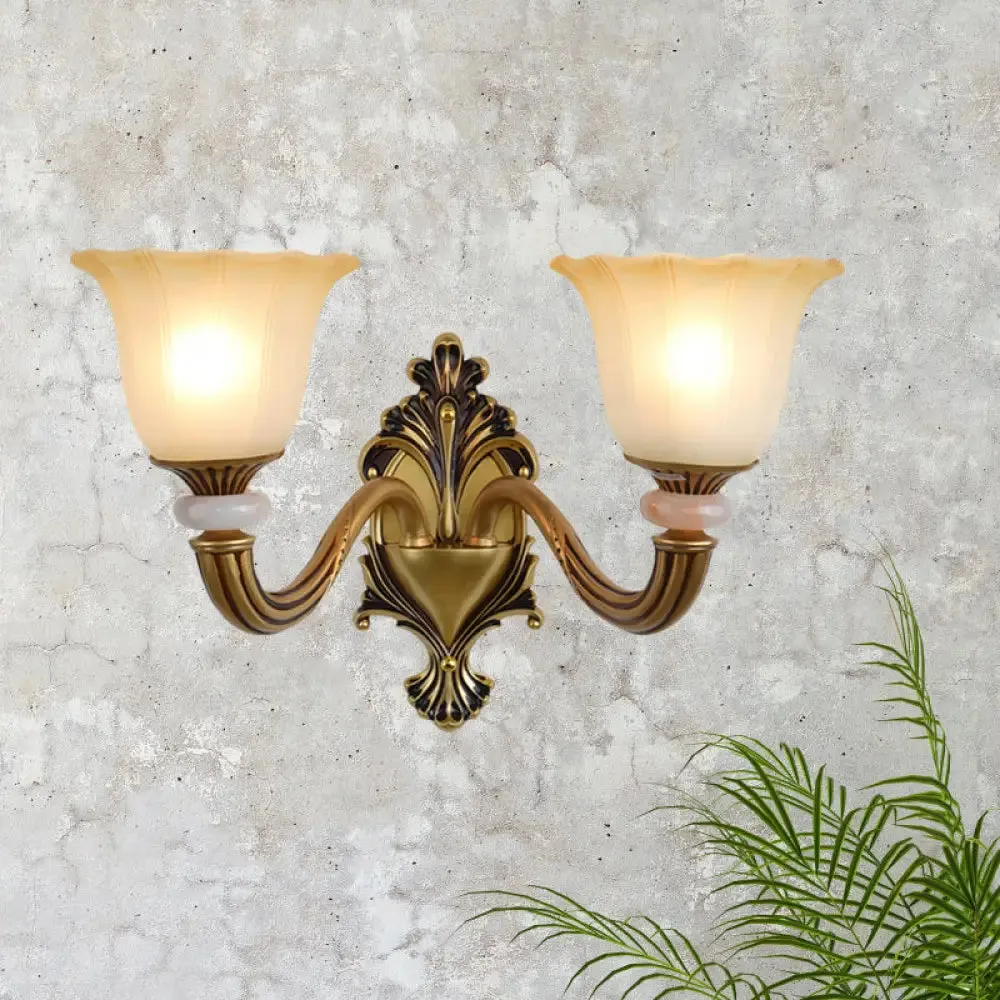 Traditional Flower-Shape Opal Glass Wall Sconce Light Fixture in Brass