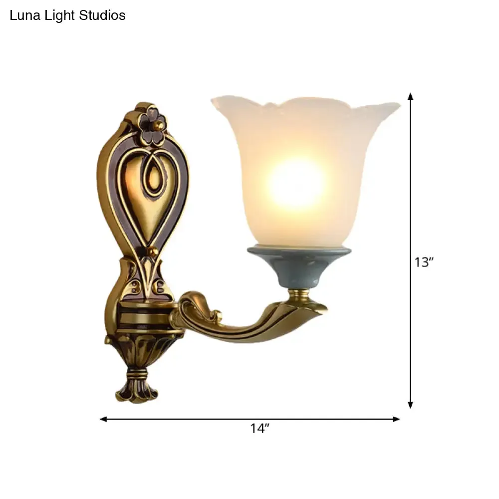 Traditional Flower-Shape Opal Glass Wall Sconce Light Fixture in Brass