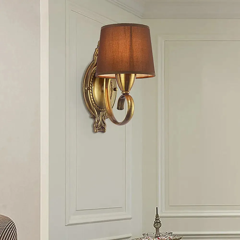 Traditional Wall Mount Lamp 1/2-Light Metal Sconce with Fabric Shade in Coffee for Living Room