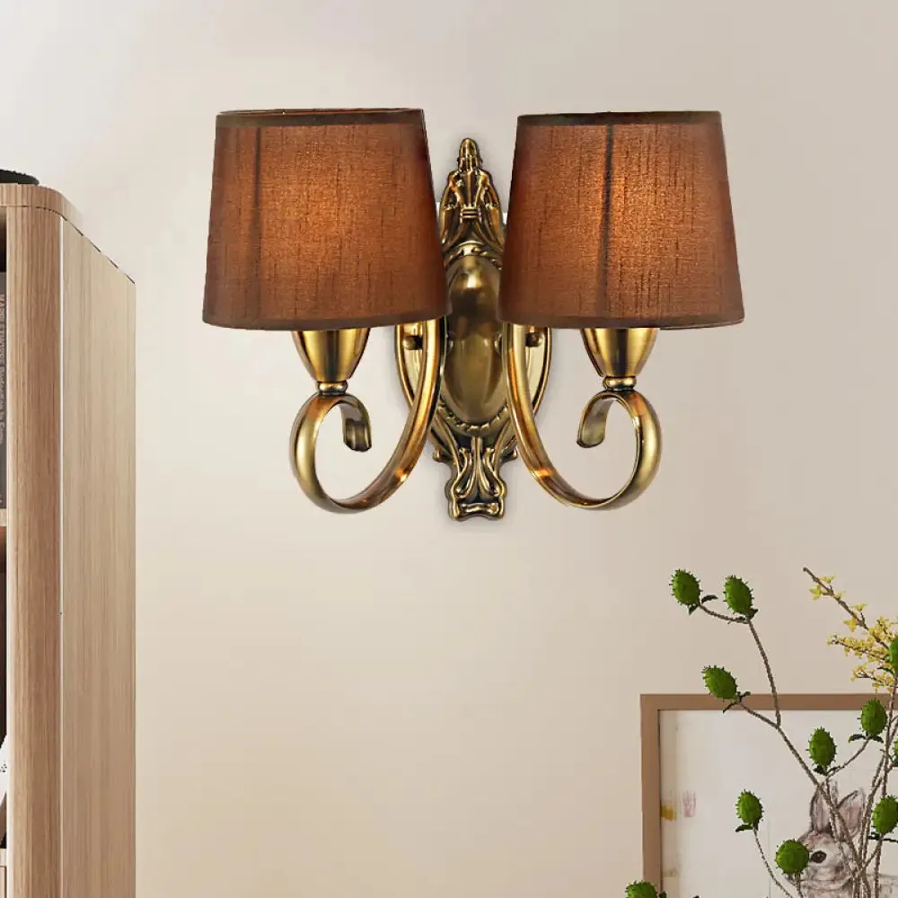 Traditional Wall Mount Lamp 1/2-Light Metal Sconce with Fabric Shade in Coffee for Living Room