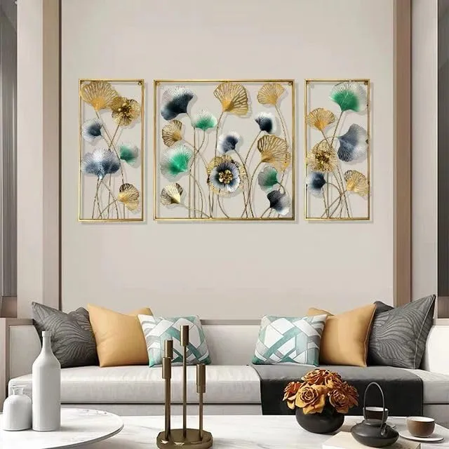 ZOVE Metal Set of 3 Flower and Leaf Design Wall Art Perfect For Home, Hotel, Restaurant, Living Room Decoration (Size : 60 X 30 INCH)